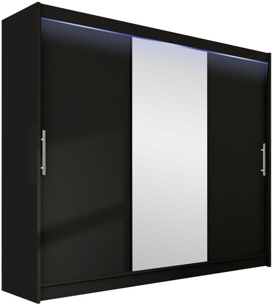 Kleiderschrank Aston I 250 (Farbe: Schwarz / Spiegel, mit RGB LED Beleuchtung)