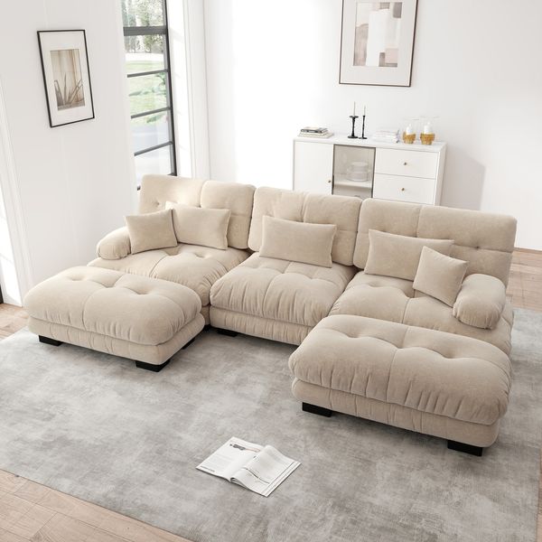 Modulares Ecksofa aus Chenille mit beweglichen Ottomans, tiefer Sitz, 313 x 145 x 81 cm, Hellbraun