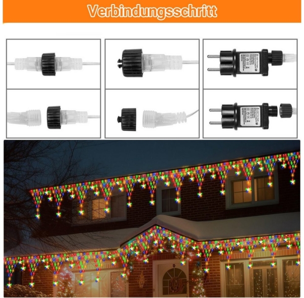 Merry 2024 LED-Lichterkette LED Lichtervorhang Sterne,LED-Weihnachtslichterkette,Weihnachtsdeko, Weihnachtsbeleuchtung, 8 Modi,mit 12 funkelnden Sternentropfen Bild 3