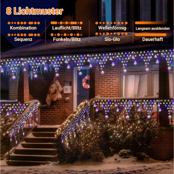 Merry 2024 LED-Lichterkette LED Lichtervorhang Sterne,LED-Weihnachtslichterkette,Weihnachtsdeko, Weihnachtsbeleuchtung, 8 Modi,mit 12 funkelnden Sternentropfen Bild 2