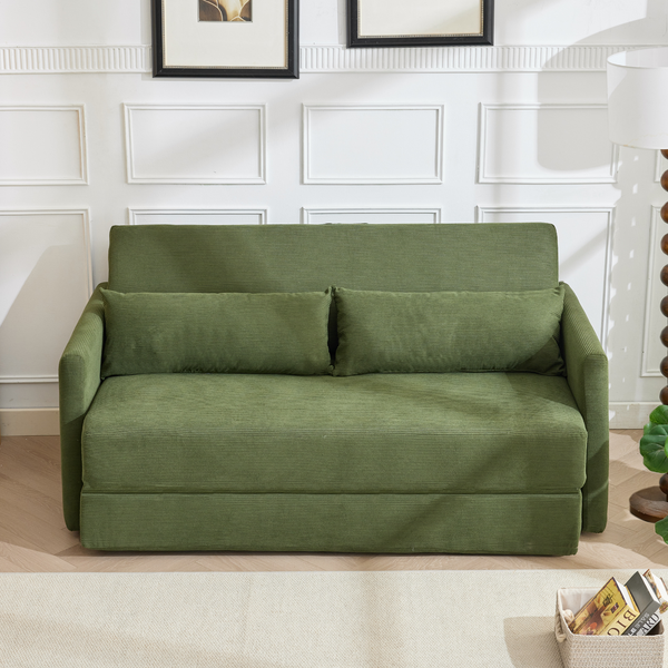 Schlafsofa 165x92/212x82/67 cm in Grün, Cordstoff, 2-in-1 Klappsofa mit 2 Kissen und Magazintaschen