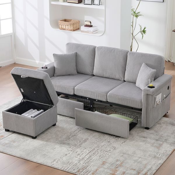 LVHOM Modulares Ecksofa mit LED und USB, 3-Sitzer Sofa mit Sitzhocker und Schubladen, Polstersofa Cordstoff