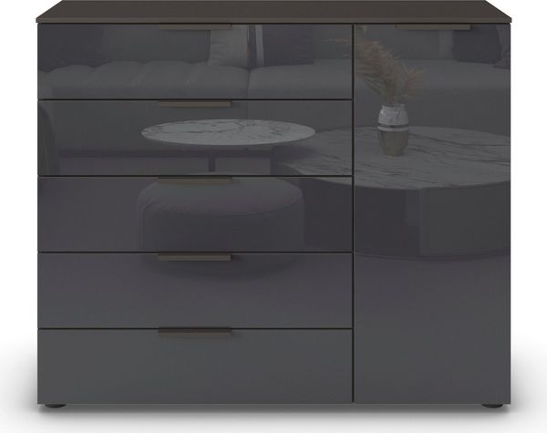 Rauch Möbel Flipp, Kombikommode, Kommode mit Stauraum für Wohnzimmer, Schlafzimmer, Flur, 2 Fachböden, Graphit/Glasfront Basalt, 1-türig, 5 Schubkästen, Griffe graphit, 120 x 100 x 42 cm Bild 2