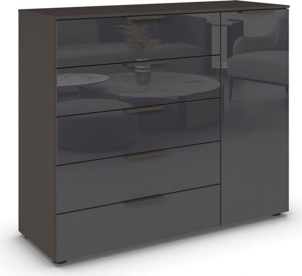 Rauch Möbel Flipp, Kombikommode, Kommode mit Stauraum für Wohnzimmer, Schlafzimmer, Flur, 2 Fachböden, Graphit/Glasfront Basalt, 1-türig, 5 Schubkästen, Griffe graphit, 120 x 100 x 42 cm Bild 4