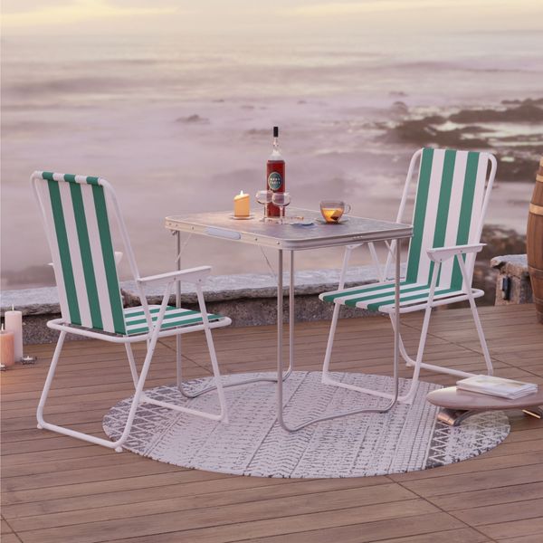 Campingset klappbar 3tlg Campingstuhl Gartenstuhl Grün-gestreift Koffertisch