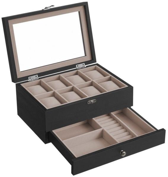 Songmics Uhrenbox mit 8 Fächern, mit Glasdeckel, Massivholz Schwarz