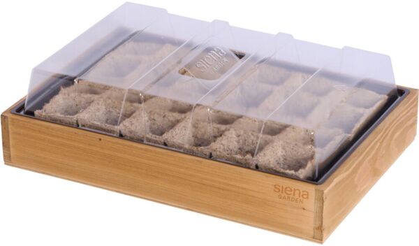 Anzuchtvollholzkiste mit 24 biologisch abbaubaren Töpfen – Anzuchthaus aus Vollholz mit Deckel & Belüftung für Kräuter Gemüse & Blumen
