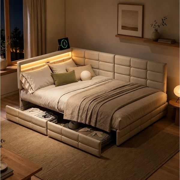 Simurq Polsterbett Daybett mit LED-Beleuchtung & USB, Tagesbett Jugendbett (1-tlg, in 2 Größen verfügbar), Schlafsofa Sofabett mit 2 Schubladen