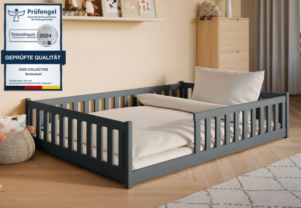 Kids Collective Kinderbett Bodenbett Bett mit Rausfallschutz & Lattenrost Montessori Bett Kinder (weitere Größen 80x160, 80x180, 90x190, 90x200, 120x200 cm), Jugendbett Einzelbett Graphit Kiefer 140x200 cm
