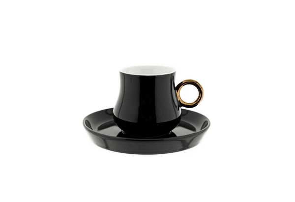 Mulex 12 Teiliges Set Mokkatassen mit Untertasse aus Porzellan Mokkaservice 100 ml Schwarz/Gold