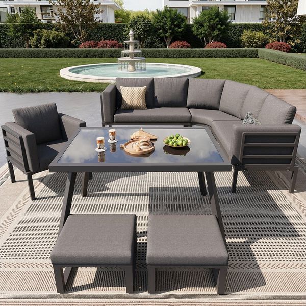 STILVORA Gartenlounge-Set Sitzgruppe für 8 Personen mit L-förmiges Gartensofa&Tisch Essgruppe, (Halbmond 114 × 60 × 77 cm – 8-Sitzer Sitzgruppe Grau, 1-tlg)