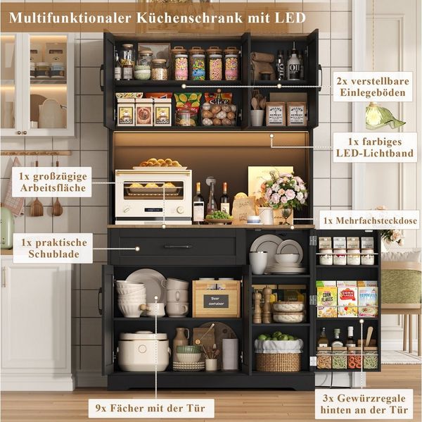 Homfa Küchenbuffet Küchenbuffet mit LED Küchenschrank Buffetschrank Sideboard weiß mit Steckdosenleiste & Arbeitsplatte 180,5x100x38,6cm