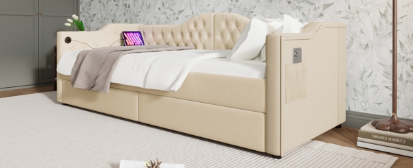 Polsterbett 90x200 cm Samt mit 2 Schubladen und USB‑Type‑C, vintage Kopfteil, Beige