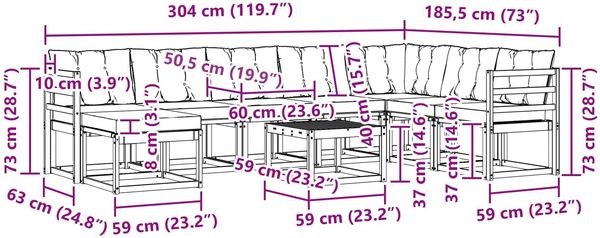 vidaXL Outdoor-Sofagarnitur mit Kissen 9 pcs Natürlich und Hellgrau 3368966 Bild 12