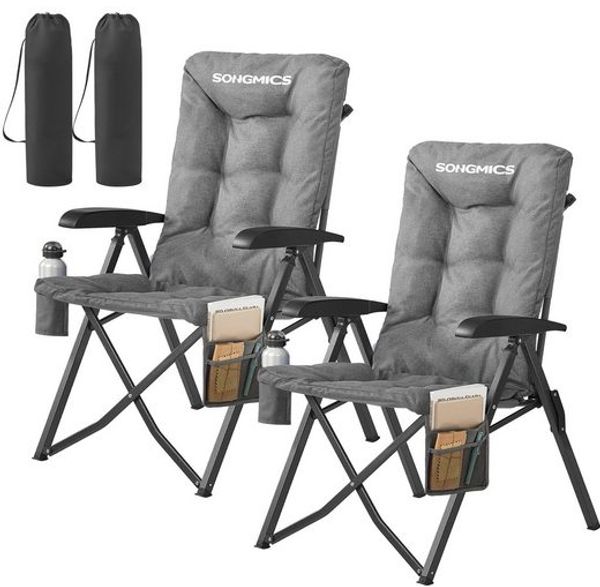 SONGMICS Campingstuhl faltbar, 2er Set, 95°-150° verstellbare Rückenlehne, Klappstuhl 6 cm Polsterung, Getränkehalter, Seitentasche, Tragetasche, Garten Camping Angeln, grau
