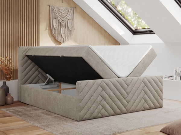 Boxspringbett mit zwei Bettkästen, 7 Härtezonen Multipocket-Matratzen, dekoratives Kopfteil und Front, Doppelbett - PARIS DUO - 180 x 200 cm - Beige Stoff - H3 Bild 3