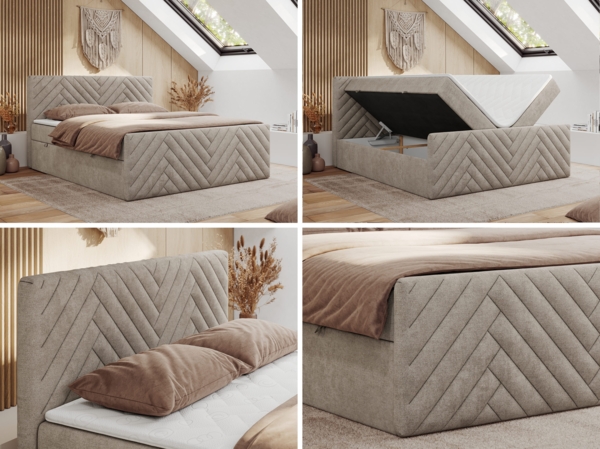 Boxspringbett mit zwei Bettkästen, 7 Härtezonen Multipocket-Matratzen, dekoratives Kopfteil und Front, Doppelbett - PARIS DUO - 180 x 200 cm - Beige Stoff - H3 Bild 2
