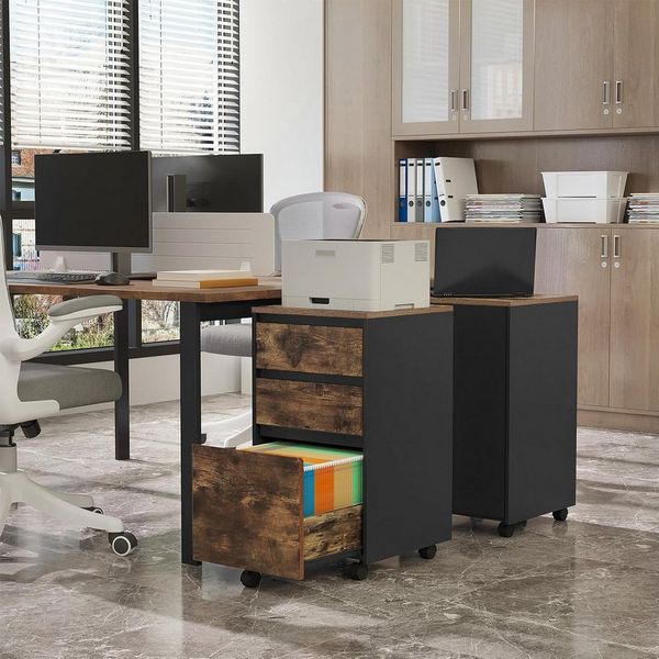 WOLTU mobiler Aktenschrank, Schrank für Aktenordner, Aufbewahrungsschrank im Büro, Büroschrank mit Rollen, Rollcontainer mit 3 Schubladen, Dunkle Eiche Schwarz, 40 x 70 x 40 cm, ASK01hov