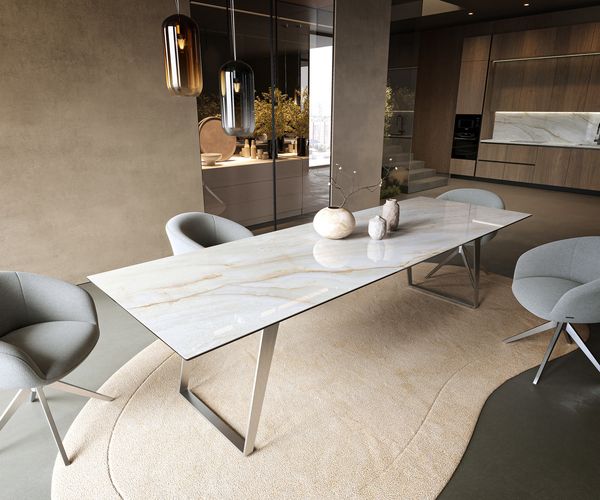 Esstisch Edge 300x100 cm Keramik Onyx Pearl Edelstahl Schräg