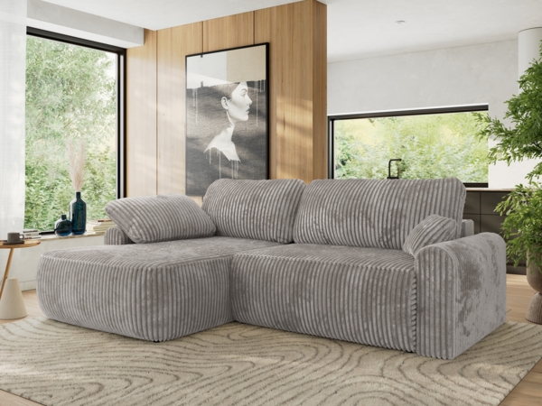 Ecksofa, L-förmiges, lose Kissen, DL-Schlaffunktion, (H 100 x T 187 x B 273 cm) - CUBO L - Cord Hellgrau - linke Seite