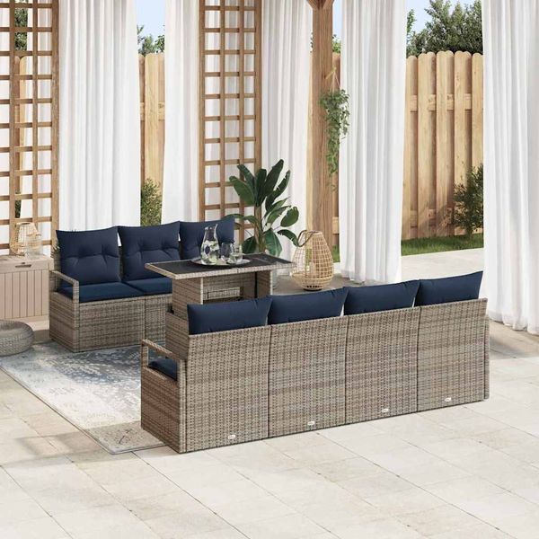 vidaXL Gartensofa-set mit Kissen 8 pcs Grau und Marineblau Poly-Rattan 3348771