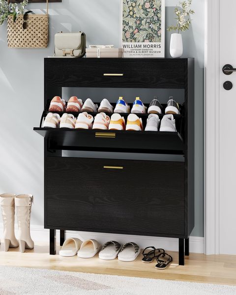 Schuhschrank Mit 2 Klappschubladen, Freistehender Schuhschrank Für Den Eingangsbereich Mit Verstellbarem Regal, Inklusive Kippschutz-Set, Verstecktes Schuhregal Für Den Eingangsbereich, Flur, Weiß