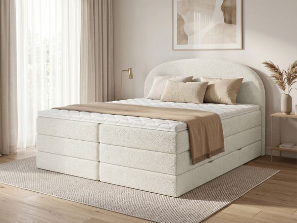 Boxspringbett Cloud XL mit 2 Bettkästen und Topper, mit Taschenfederkern- und Bonellfederkernmatratze, Doppelbett, Polsterbett aus Bouclé-Stoff mit Stauraum (Weiß (Coral 70), 160 x 200 cm)
