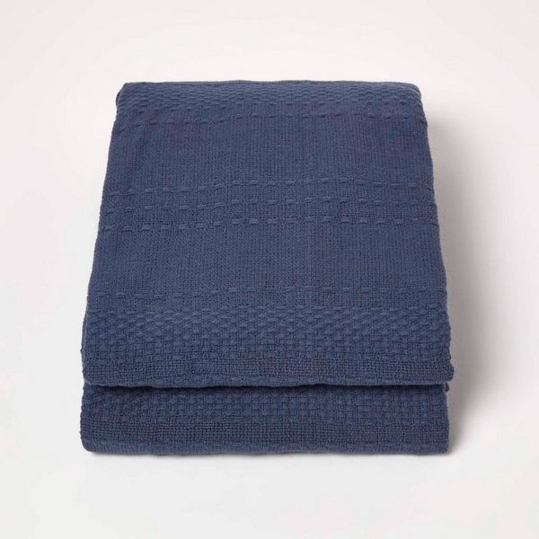 Plaid Kashi Tagesdecke blau 225 x 255 cm – Baumwolldecke mit Fransen, Homescapes