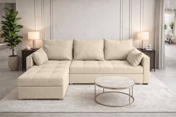 AX LIVING Ecksofa ELIF Creme mit Schlaffunktion L-Form, Sofa mit Bettkasten - Moderne Ecksofa, Wohnzimmer Ecksofa - Eckcouch Creme - Links