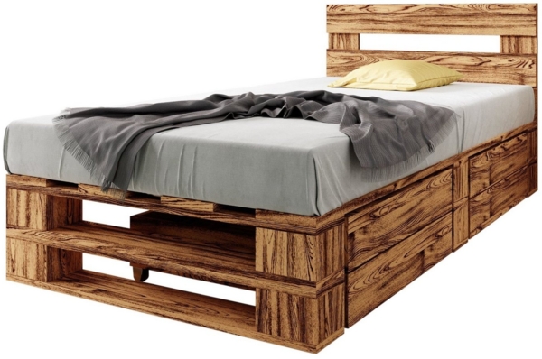 sunnypillow Palettenbett M2 aus Holz 100x200 cm mit Kopfteil und 2 Bettkästen. Stabiles Seniorenbett Kinderbett Jugendbett Gästebett erhöhtes Einzelbett Bettgestell Futonbett Komforthöhe Geflammt