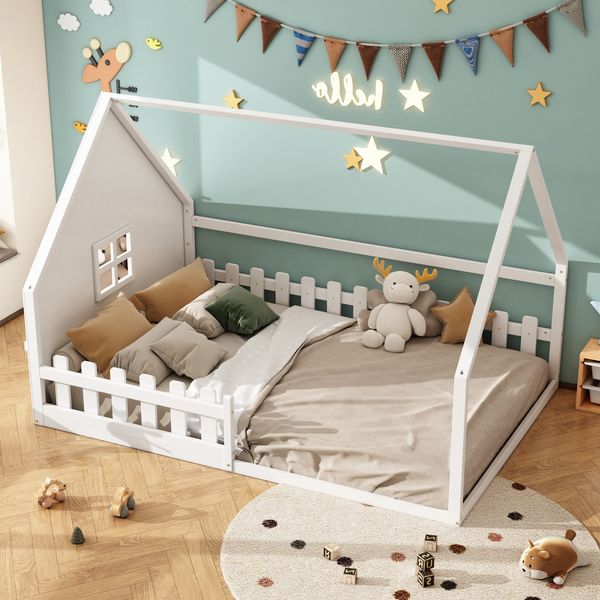 Hausbett mit Lattenrost und Rausfallschutz, 140x200 cm, Kinderbett, Kiefer