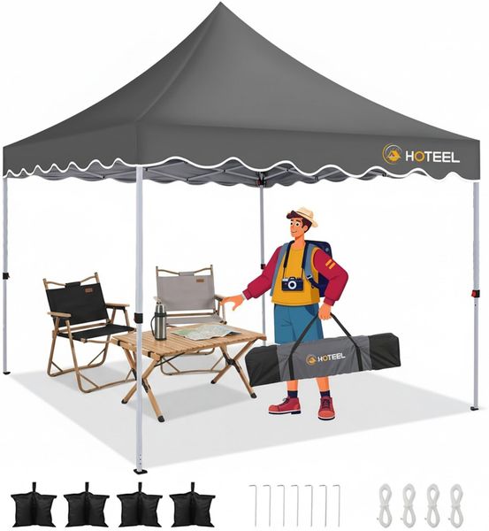 HOTEEL 3x3 m Faltpavillon 3x3 m Pop-Up Pavillon, UV Schutz 50+ Wasserdichter and Verstärkter Rahmen, Baldachin für Hochzeiten, Partyzelt, Marktstände, Events, Garten, Strand. Bonus 4 Sandsäcken (Grau)