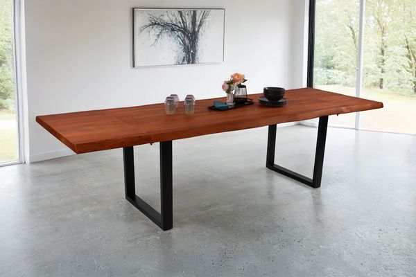Esstisch Baumkante Akazie nuss 160 (260) x 90 cm U-Gestell schwarz mit Ansteckplatten CALI 150443182