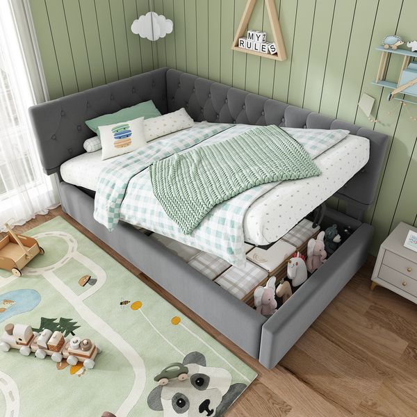 Merax Polsterbett Tagesbett Daybett 90x190cm, Schlafsofa mit hydraulischem Stauraum, Kinderbett Jugendbett Bettgestell mit Lattenrost aus Holz, Samt, Grau