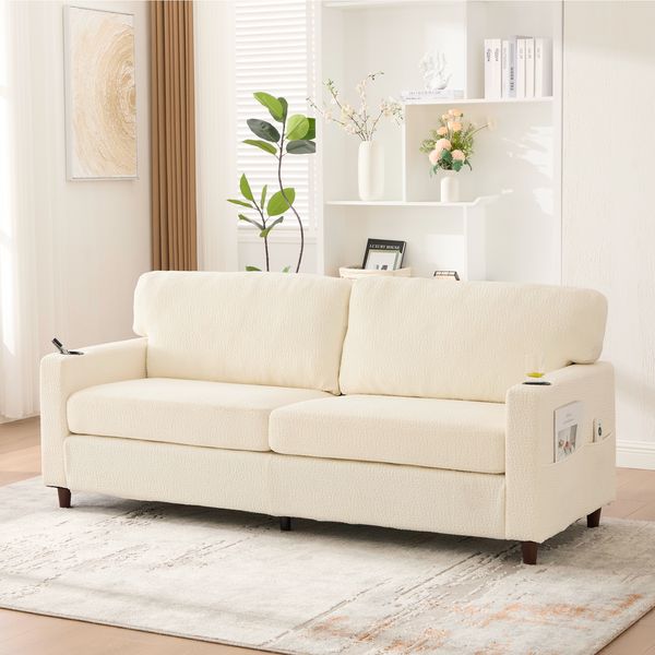 LVHOM 2-Sitzer Sofa mit USB&LED, Zweier Polstersofa Chenille Bezug, Loveseat mit Getränkehaltern, Doppelsofa Stoffsofa Loungesofa, Beige