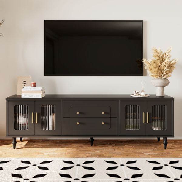Lowboard 175x38x55,5 cm mit geriffelten Glastüren und goldenen Griffen – elegantes TV-Möbel