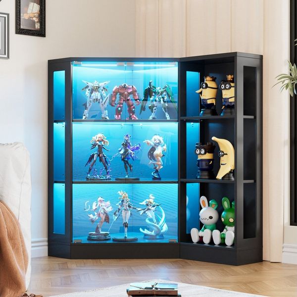 TWSOUL Eckvitrine Glasvitrine verstellbaren Böden LED & gehärtetem Glas Offene Regale 100cm Eckglasanzeigeschrank Hochschrank Bücherregal Spielzeug, Bücher