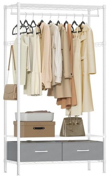 Songmics Kleiderständer offener Kleiderschrank, (Garderobenständer mit 2 Schubladen mit Kleiderstange), Garderobe mit Gitterablagen, freistehend, weiß