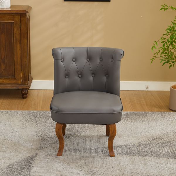 Echtleder Sessel, Loungesessel Wohnzimmer,Kautschukholz Massivholz, Einzelstuhl,Pull-Point Knöpfe, Esszimmerstuhl,bis 150 kg,Grau