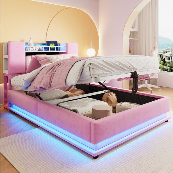 Merax Polsterbett mit LED-Beleuchtung und USB-Anschluss (Metalllattenrahmen & Samtbezug, 1-tlg, Kinderbett Einzelbett Mehrzweckbett Stauraumbett), Jugendbett 90×200cm mit hydraulischem Stauraum & Kopfteilfach, Samt