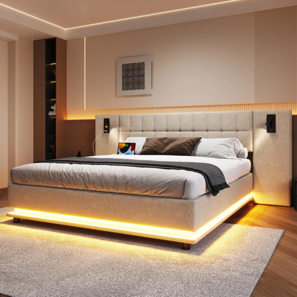 Polsterbett mit LED-Beleuchtung und Lattenrost, 180x200 cm, Kopfteil mit Spots und USB Anschlüssen, Doppelbett, Leinen