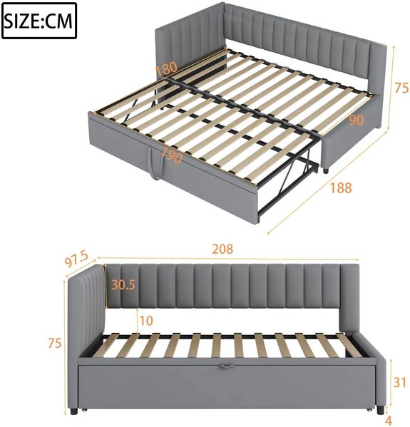 Merax Multifunktionales L-förmiges Schlafsofa mit Ausziehbett 90/180*200cm, Polsterbett in Samtstoff, platzsparendes Design für Kinderbett, Gästebett, hellgrau Bild 4
