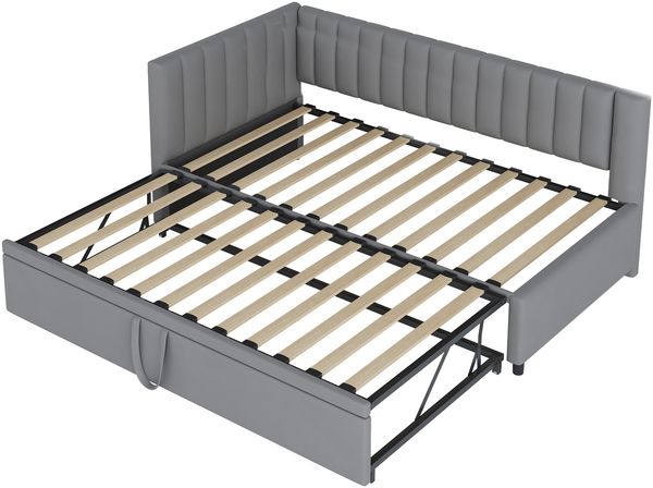 Merax Multifunktionales L-förmiges Schlafsofa mit Ausziehbett 90/180*200cm, Polsterbett in Samtstoff, platzsparendes Design für Kinderbett, Gästebett, hellgrau Bild 9