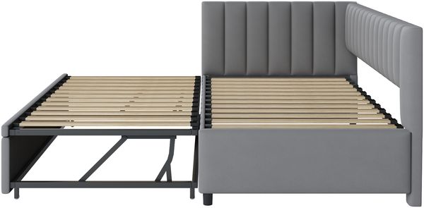 Merax Multifunktionales L-förmiges Schlafsofa mit Ausziehbett 90/180*200cm, Polsterbett in Samtstoff, platzsparendes Design für Kinderbett, Gästebett, hellgrau Bild 7