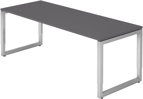 bümö höhenverstellbarer Schreibtisch R-Serie 200x80 cm in graphit, Gestell in Silber - großer PC Tisch für's Büro manuell höhenverstellbar, Computertisch verstellbar, RS-20-G-S