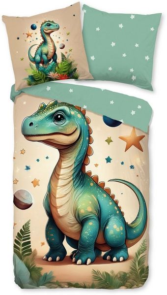 good morning Kinderbettwäsche Milo, Biber, Flanell, 2 teilig, Flanell Biber, 135x200, Warm, Reißverschluss, Wende, Kind, Junge, Dino