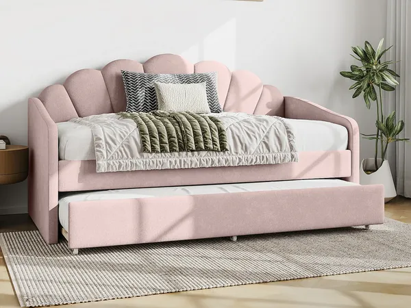Vente-unique - ELUSIA Bett SamtStoff Puderrosa - B 100 cm x H 116,5 cm x L 204 cm