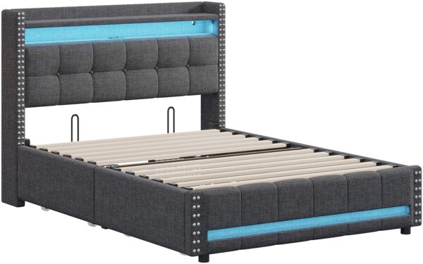 Merax Polsterbett 140*200 cm mit LED-Beleuchtung und USB-Steckdose, Kopfteil mit Ablagen und Stauraum mit 4 Schubladen, Doppelbett für Erwachsene, Leinenstoff Grau Bild 8