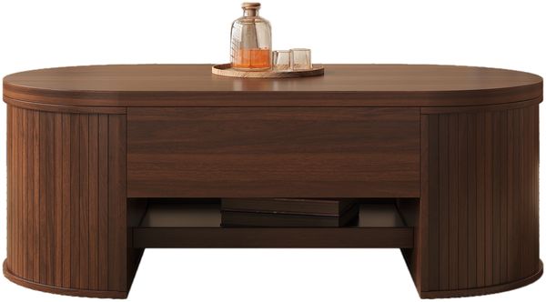 Anhebbarer Couchtisch, Couchtisch mit gebogenen Holzseiten, ausziehbarem Regal, anhebbarer Tischplatte, multifunktionales Wohnzimmermöbel.