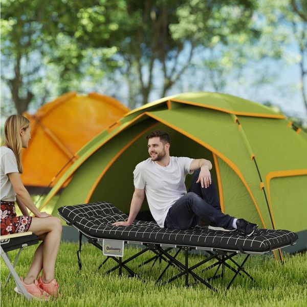 Outsunny Feldbett Klappbares Campingbett für Erwachsene (mit dicker und weicher Matratze zum Schlafen, 1-St, mit rutschfesten Füßen) Seitentasche und Tragetasche, Schwarz